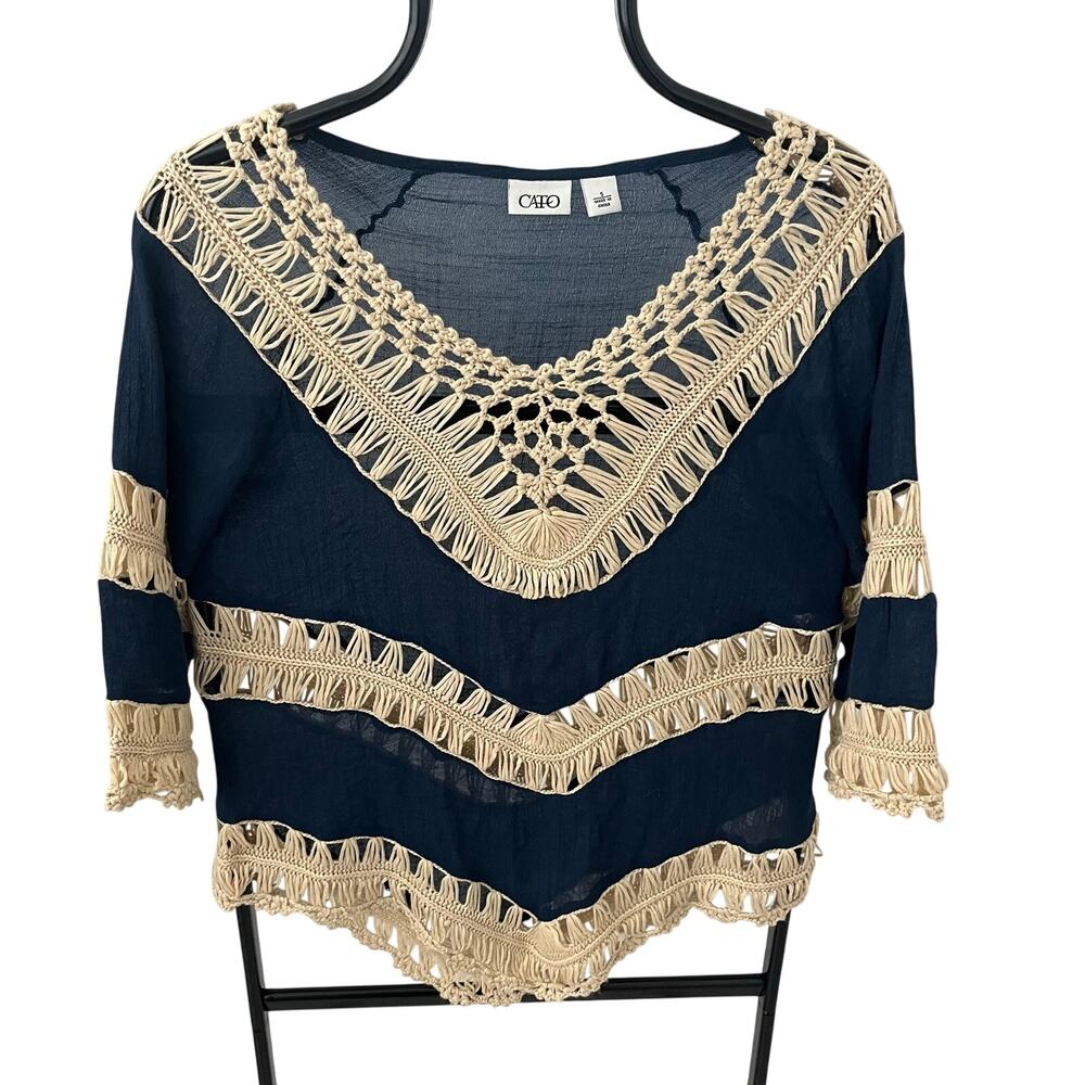 Cato Women’s S Navy Blue Cream Crochet Boho 3/4 Sleeve Blouse Top